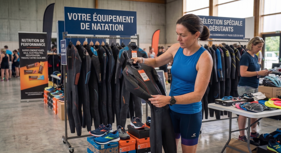 femme qui cherche une tenue combinaison de natation pour son premier triathlon