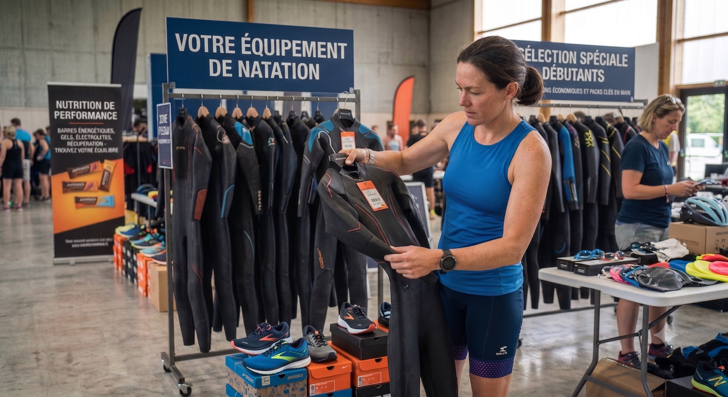 femme qui cherche une tenue combinaison de natation pour son premier triathlon
