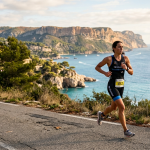 une femme triathlète qui court un triathlon en automne sur un montée au bord de la mer