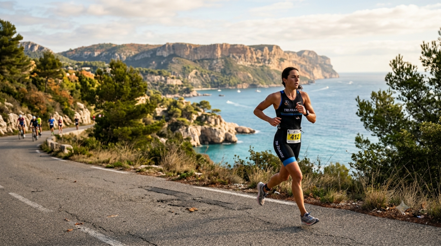 une femme triathlète qui court un triathlon en automne sur un montée au bord de la mer